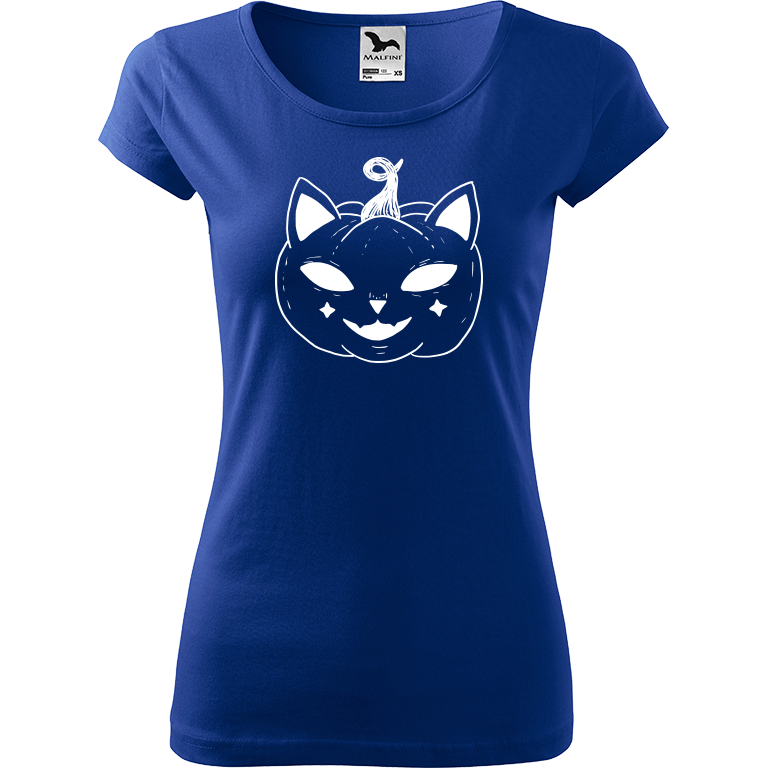 Ručně malované dámské bavlněné tričko - Halloween kočka - Dýně Barva trička: MODRÁ, Velikost trička: L, Barva motivu: BÍLÁ