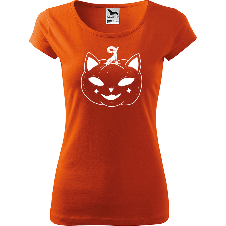 Ručně malované dámské bavlněné tričko - Halloween kočka - Dýně Barva trička: ORANŽOVÁ, Velikost trička: XS, Barva motivu: BÍLÁ