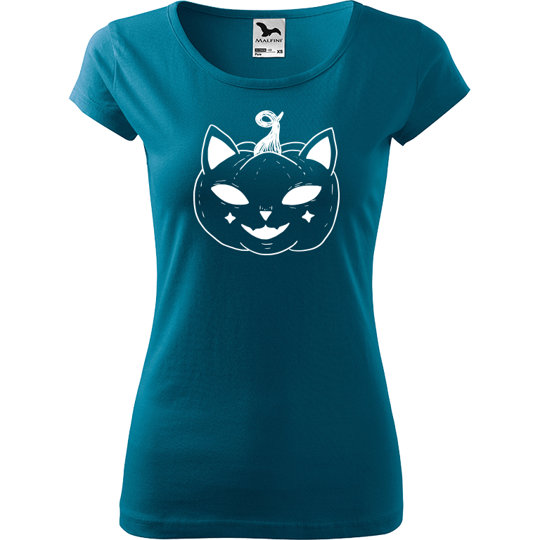 Ručně malované dámské bavlněné tričko - Halloween kočka - Dýně Barva trička: PETROLEJOVÁ, Velikost trička: M, Barva motivu: BÍLÁ