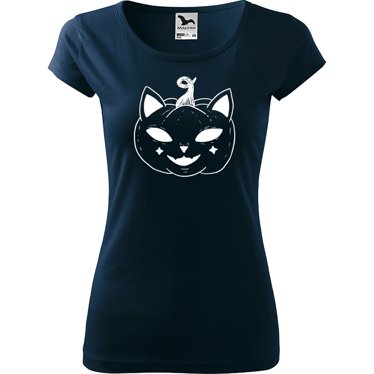 Ručně malované dámské bavlněné tričko - Halloween kočka - Dýně Barva trička: NÁMOŘNICKÁ MODRÁ, Velikost trička: L, Barva motivu: BÍLÁ
