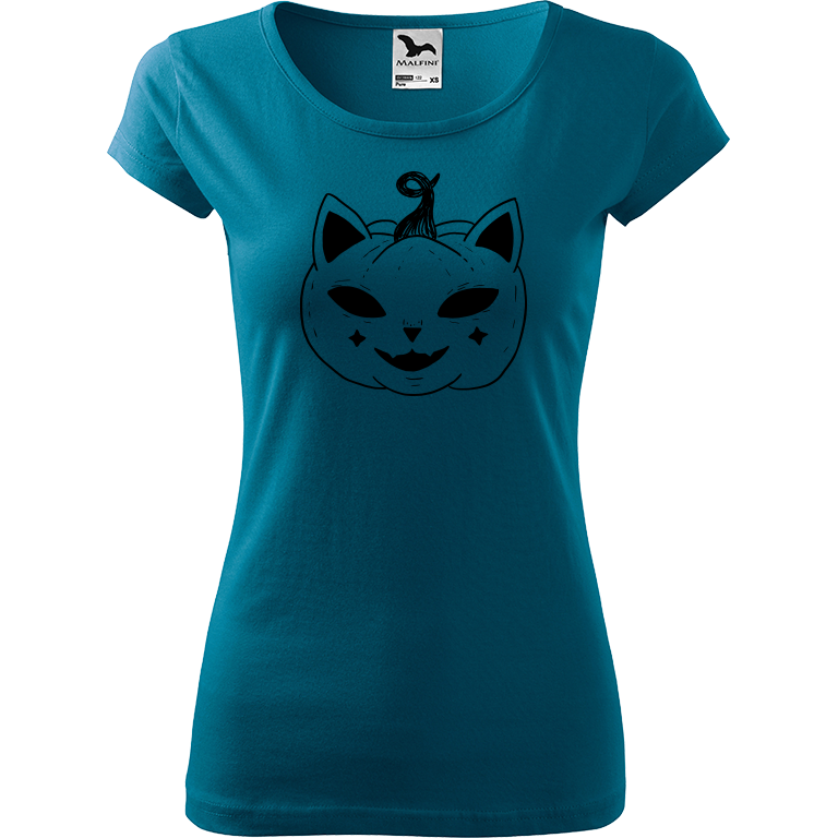 Ručně malované dámské bavlněné tričko - Halloween kočka - Dýně Barva trička: PETROLEJOVÁ, Velikost trička: XS, Barva motivu: ČERNÁ