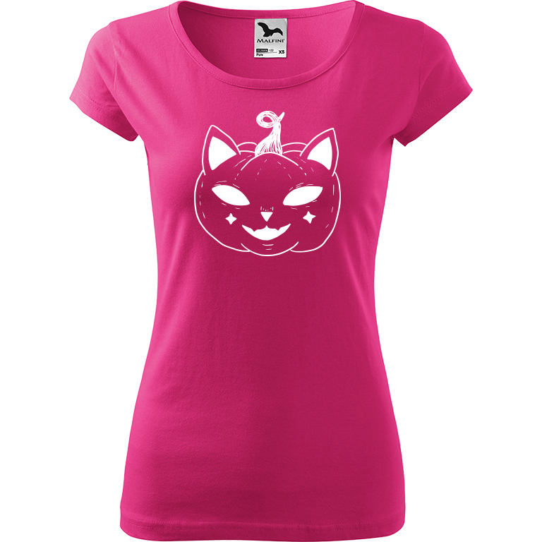 Ručně malované dámské bavlněné tričko - Halloween kočka - Dýně Barva trička: RŮŽOVÁ, Velikost trička: L, Barva motivu: BÍLÁ