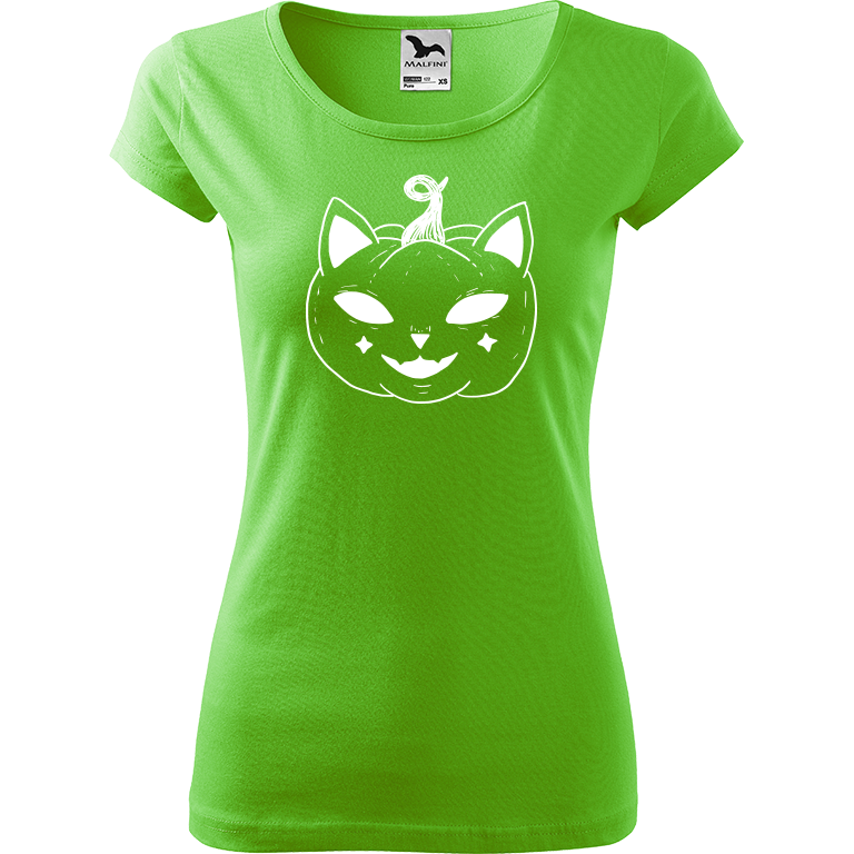 Ručně malované dámské bavlněné tričko - Halloween kočka - Dýně Barva trička: SVĚTLE ZELENÁ, Velikost trička: L, Barva motivu: BÍLÁ