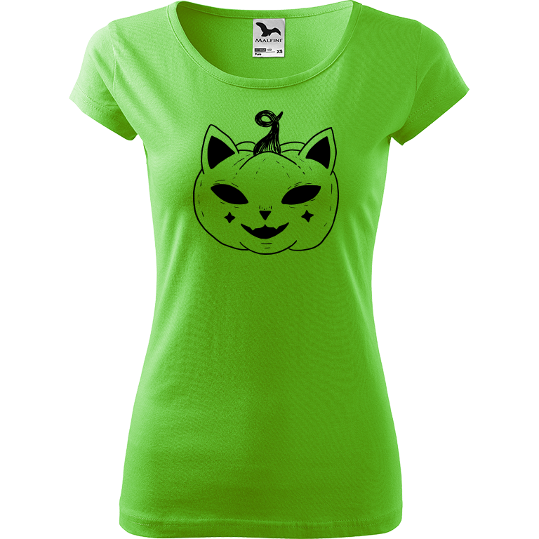 Ručně malované dámské bavlněné tričko - Halloween kočka - Dýně Barva trička: SVĚTLE ZELENÁ, Velikost trička: L, Barva motivu: ČERNÁ