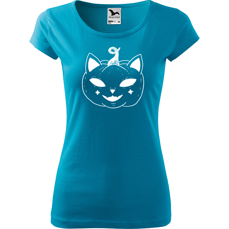 Ručně malované dámské bavlněné tričko - Halloween kočka - Dýně Barva trička: TYRKYSOVÁ, Velikost trička: L, Barva motivu: BÍLÁ