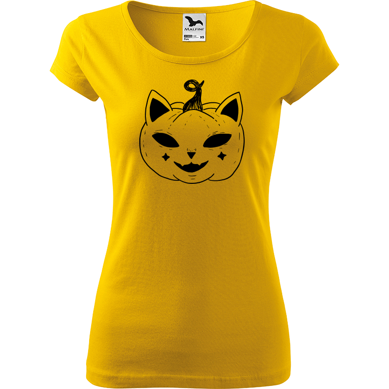 Ručně malované dámské bavlněné tričko - Halloween kočka - Dýně Barva trička: ŽLUTÁ, Velikost trička: XL, Barva motivu: ČERNÁ