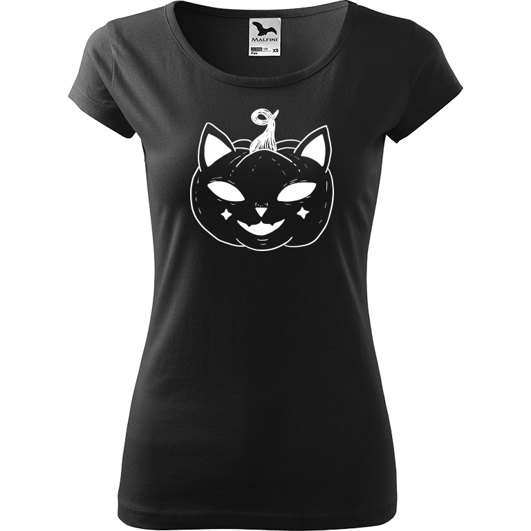 Ručně malované dámské bavlněné tričko - Halloween kočka - Dýně Barva trička: ČERNÁ, Velikost trička: XS, Barva motivu: BÍLÁ