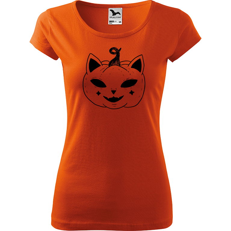 Ručně malované dámské bavlněné tričko - Halloween kočka - Dýně Barva trička: ORANŽOVÁ, Velikost trička: L, Barva motivu: ČERNÁ