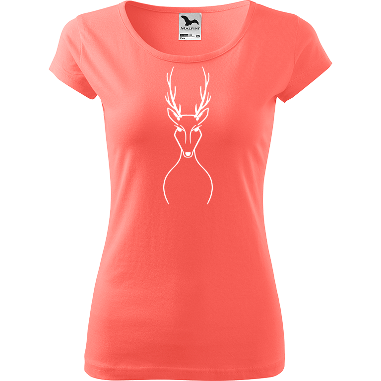 Ručně malované dámské bavlněné tričko - Jelen Barva trička: KORÁLOVÁ, Velikost trička: XL, Barva motivu: BÍLÁ