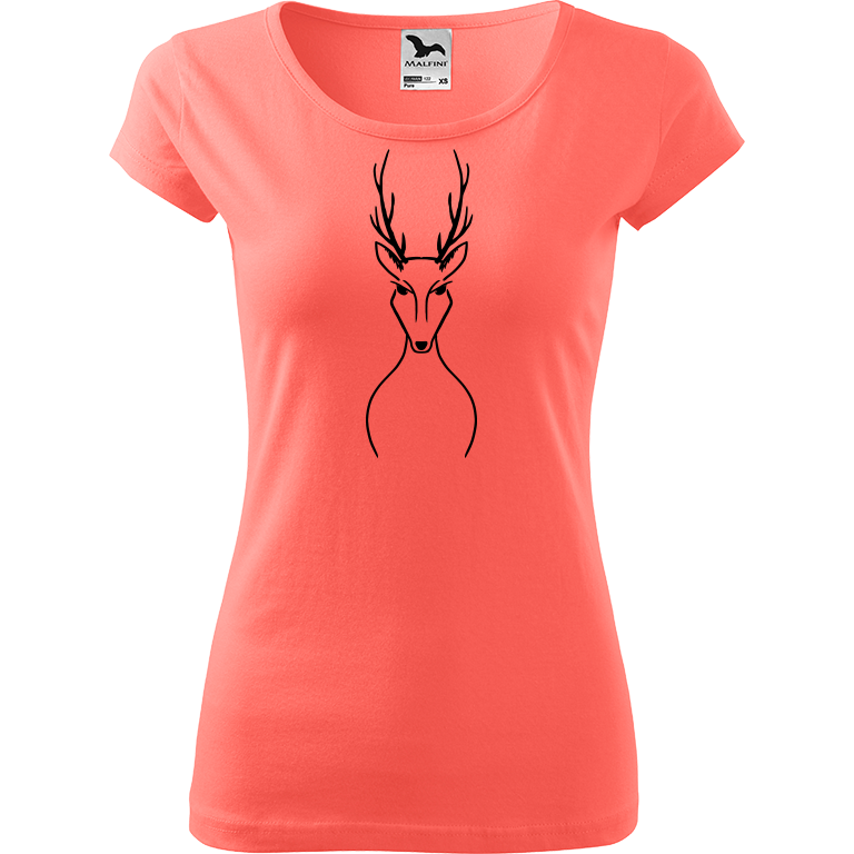 Ručně malované dámské bavlněné tričko - Jelen Barva trička: KORÁLOVÁ, Velikost trička: S, Barva motivu: ČERNÁ