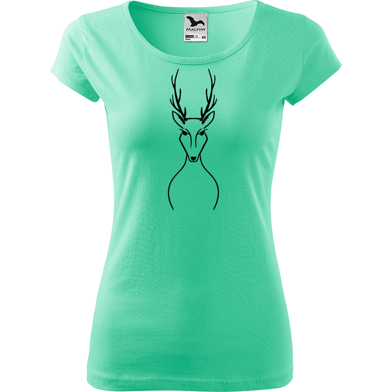Ručně malované dámské bavlněné tričko - Jelen Barva trička: MÁTOVÁ, Velikost trička: S, Barva motivu: ČERNÁ