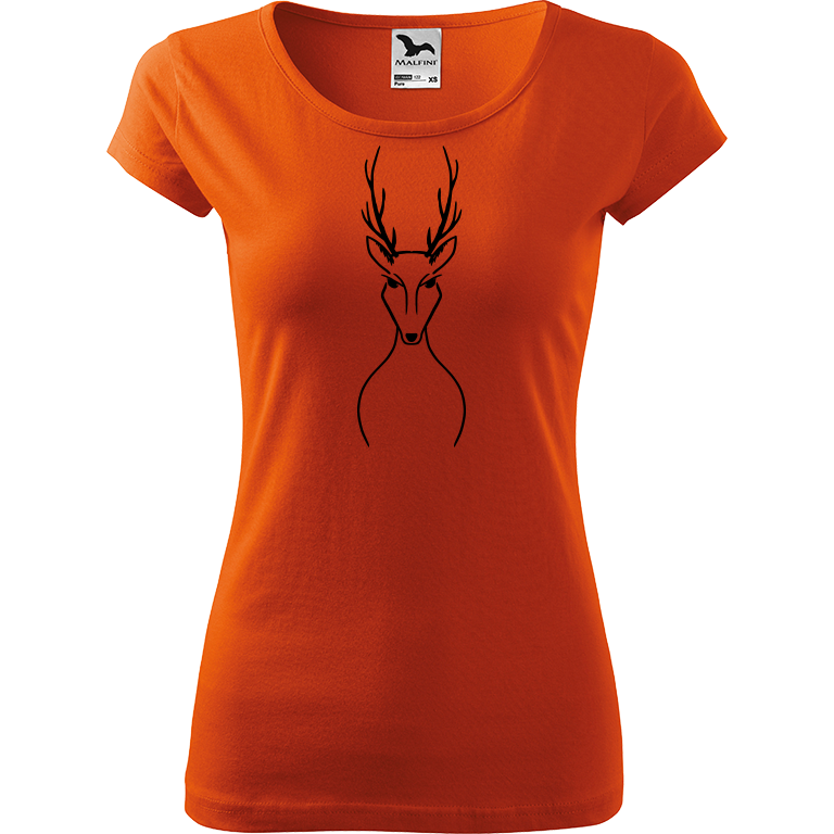 Ručně malované dámské bavlněné tričko - Jelen Barva trička: ORANŽOVÁ, Velikost trička: L, Barva motivu: ČERNÁ