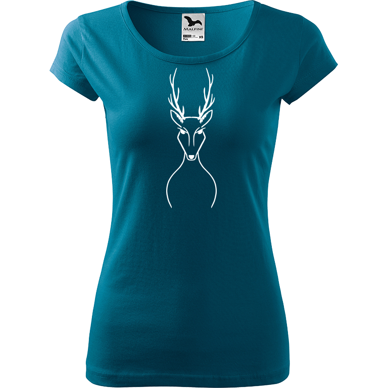 Ručně malované dámské bavlněné tričko - Jelen Barva trička: PETROLEJOVÁ, Velikost trička: XL, Barva motivu: BÍLÁ