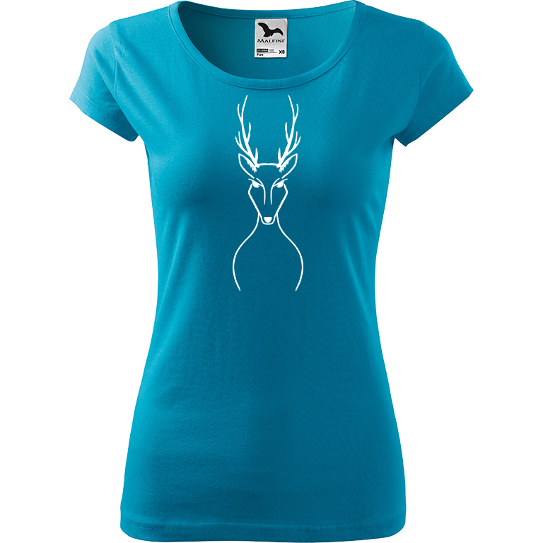 Ručně malované dámské bavlněné tričko - Jelen Barva trička: TYRKYSOVÁ, Velikost trička: S, Barva motivu: BÍLÁ