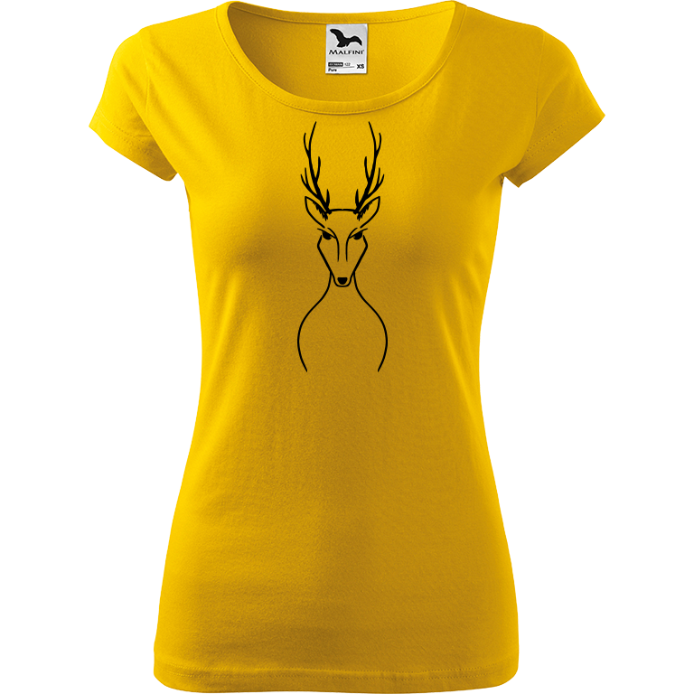 Ručně malované dámské bavlněné tričko - Jelen Barva trička: ŽLUTÁ, Velikost trička: XXL, Barva motivu: ČERNÁ