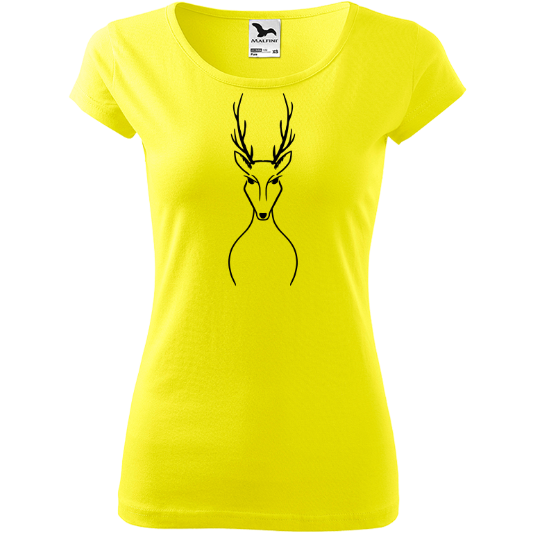 Ručně malované dámské bavlněné tričko - Jelen Barva trička: CITRONOVÁ, Velikost trička: XL, Barva motivu: ČERNÁ