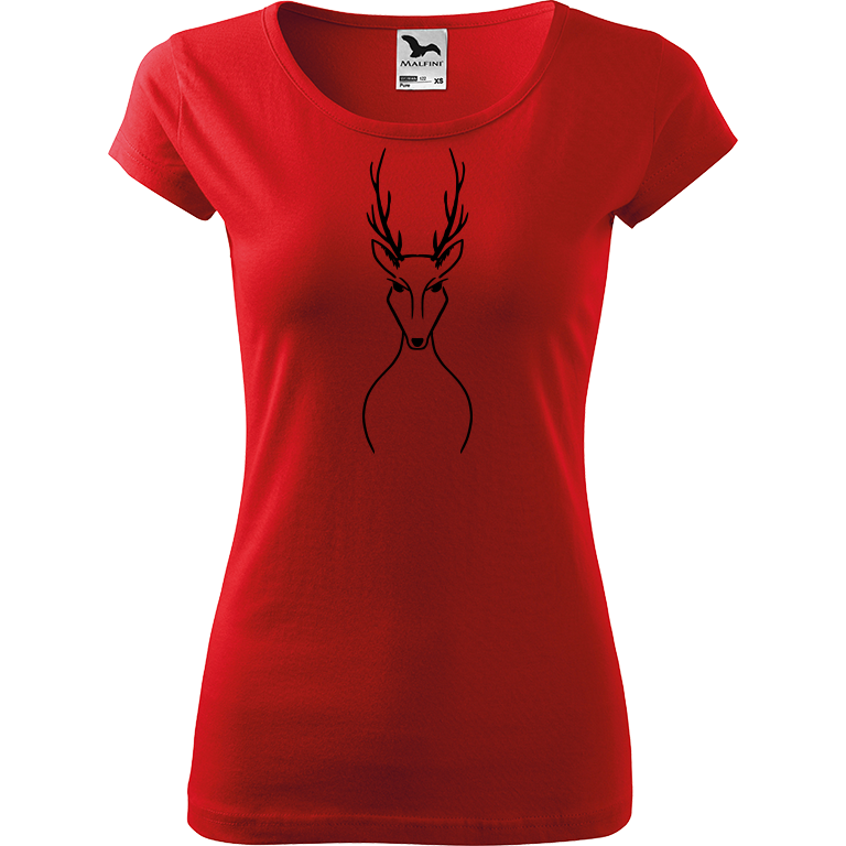 Ručně malované dámské bavlněné tričko - Jelen Barva trička: ČERVENÁ, Velikost trička: XL, Barva motivu: ČERNÁ