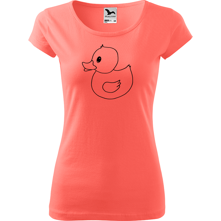 Ručně malované dámské bavlněné tričko - Kachna Barva trička: KORÁLOVÁ, Velikost trička: XL, Barva motivu: ČERNÁ