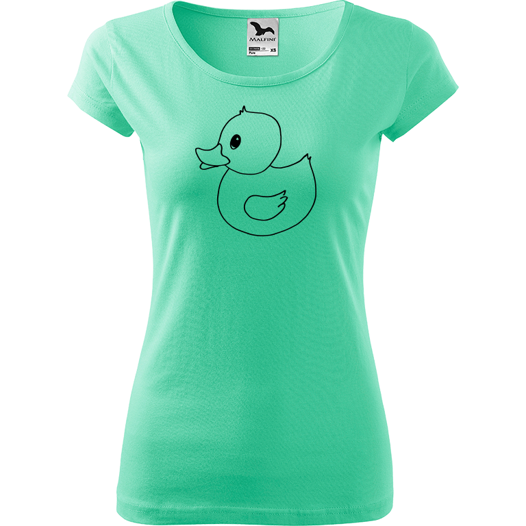 Ručně malované dámské bavlněné tričko - Kachna Barva trička: MÁTOVÁ, Velikost trička: L, Barva motivu: ČERNÁ
