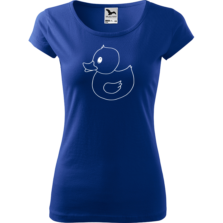 Ručně malované dámské bavlněné tričko - Kachna Barva trička: MODRÁ, Velikost trička: S, Barva motivu: BÍLÁ