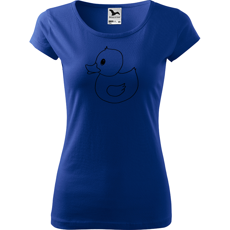 Ručně malované dámské bavlněné tričko - Kachna Barva trička: MODRÁ, Velikost trička: M, Barva motivu: ČERNÁ