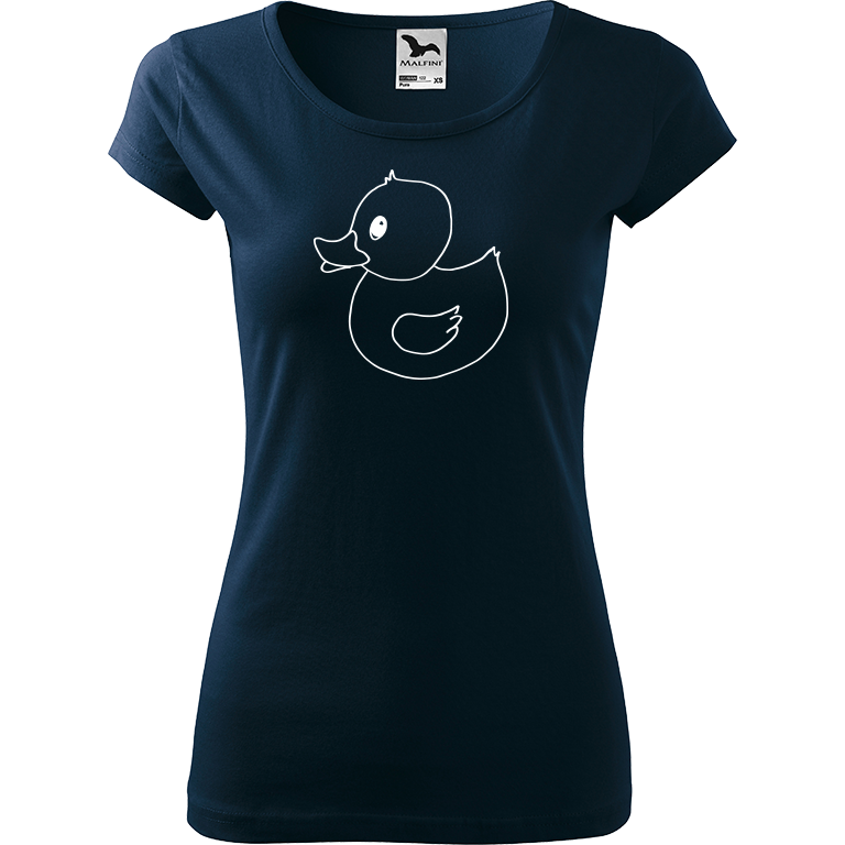 Ručně malované dámské bavlněné tričko - Kachna Barva trička: NÁMOŘNICKÁ MODRÁ, Velikost trička: M, Barva motivu: BÍLÁ