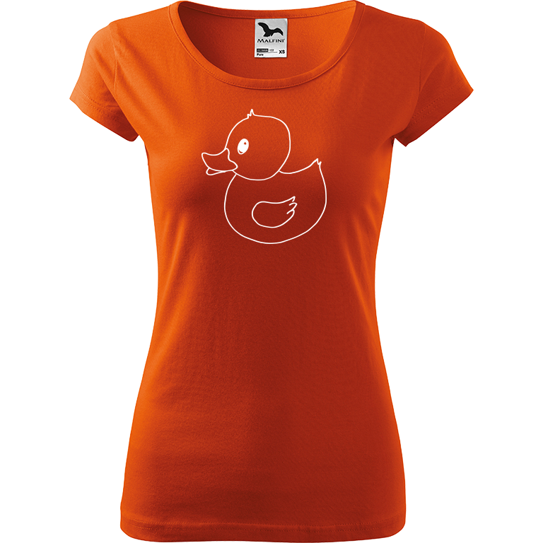 Ručně malované dámské bavlněné tričko - Kachna Barva trička: ORANŽOVÁ, Velikost trička: L, Barva motivu: BÍLÁ