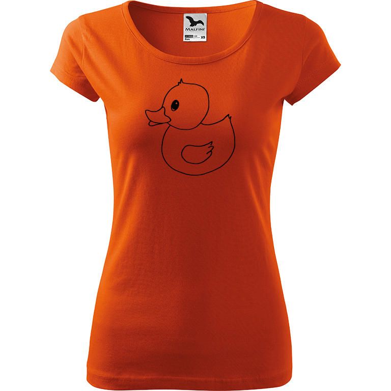 Ručně malované dámské bavlněné tričko - Kachna Barva trička: ORANŽOVÁ, Velikost trička: S, Barva motivu: ČERNÁ
