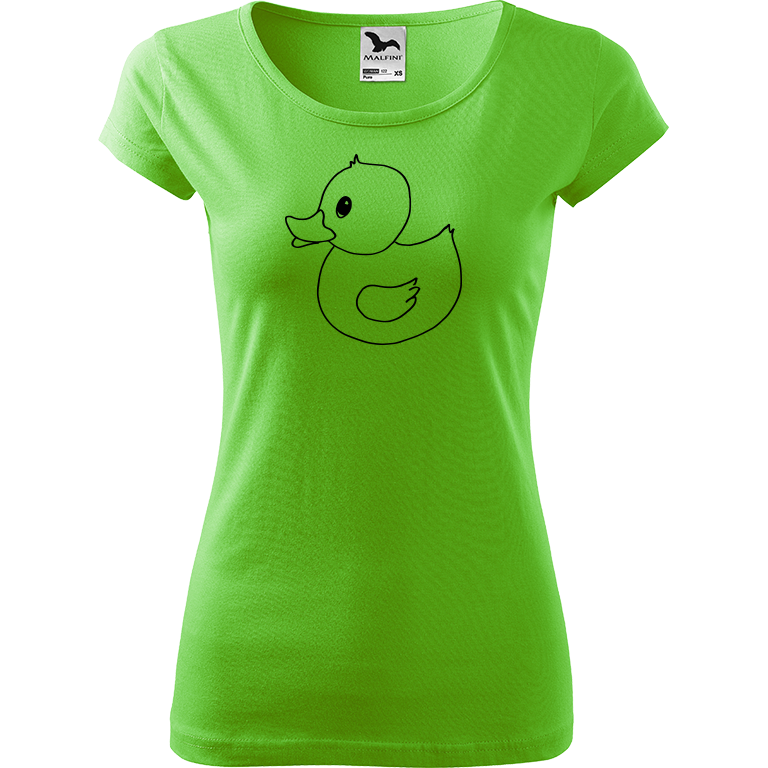 Ručně malované dámské bavlněné tričko - Kachna Barva trička: SVĚTLE ZELENÁ, Velikost trička: L, Barva motivu: ČERNÁ
