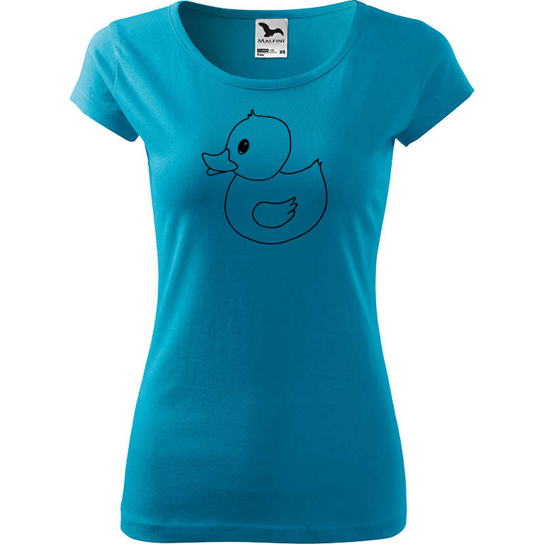 Ručně malované dámské bavlněné tričko - Kachna Barva trička: TYRKYSOVÁ, Velikost trička: S, Barva motivu: ČERNÁ