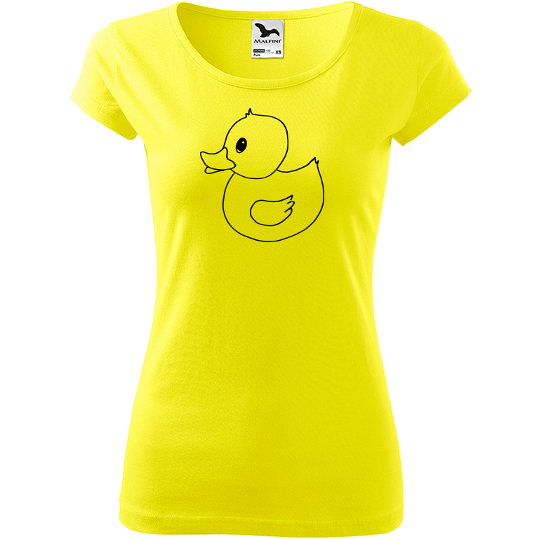 Ručně malované dámské bavlněné tričko - Kachna Barva trička: CITRONOVÁ, Velikost trička: S, Barva motivu: ČERNÁ