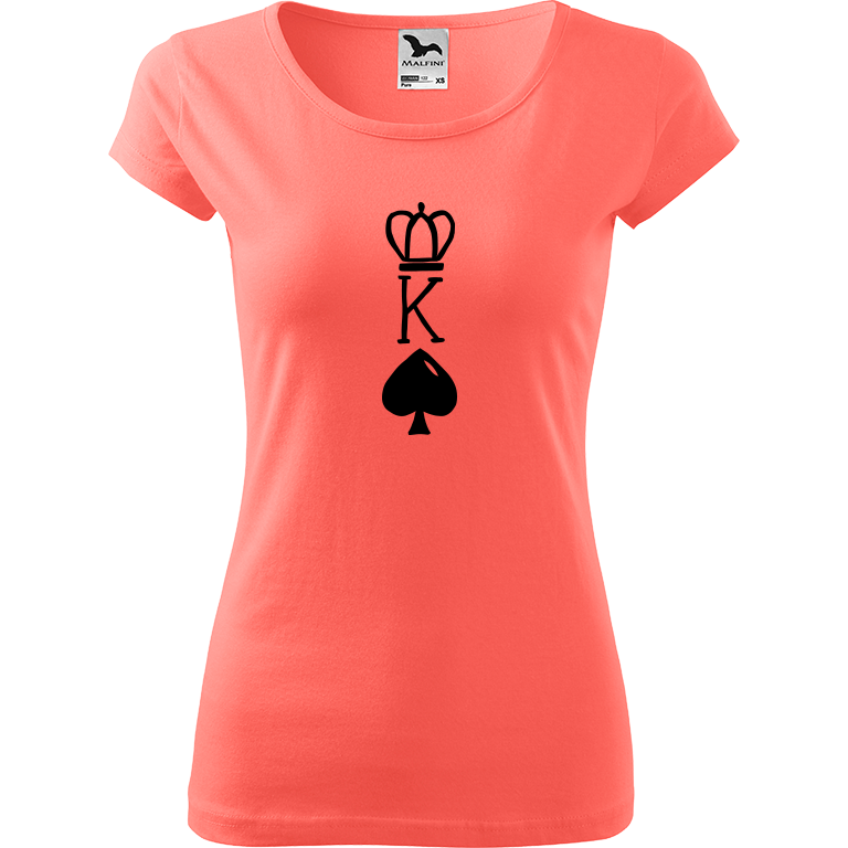 Ručně malované dámské bavlněné tričko - King Barva trička: KORÁLOVÁ, Velikost trička: XL, Barva motivu: ČERNÁ