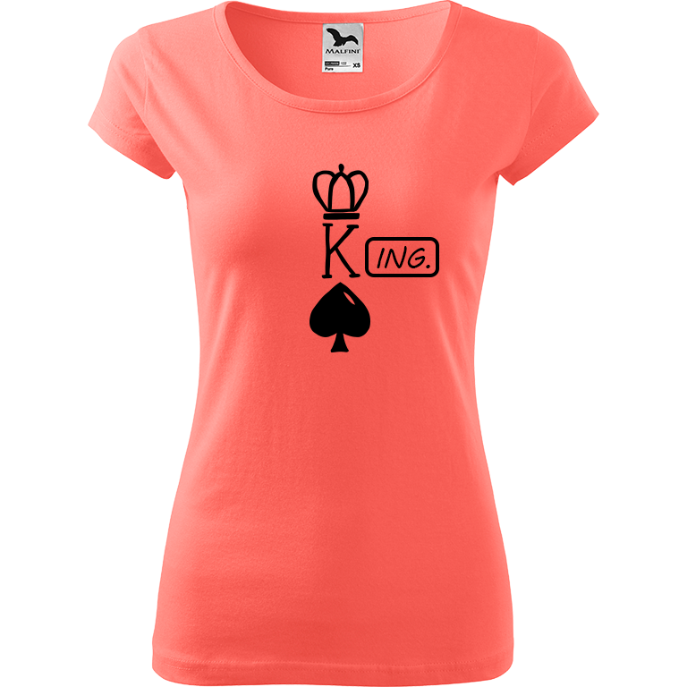 Ručně malované dámské bavlněné tričko - King - Ing. Barva trička: KORÁLOVÁ, Velikost trička: XL, Barva motivu: ČERNÁ