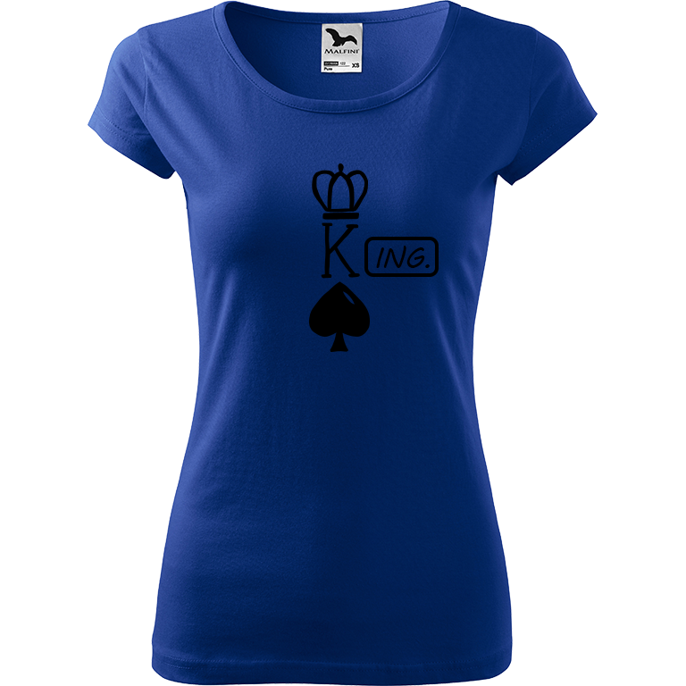 Ručně malované dámské bavlněné tričko - King - Ing. Barva trička: MODRÁ, Velikost trička: M, Barva motivu: ČERNÁ