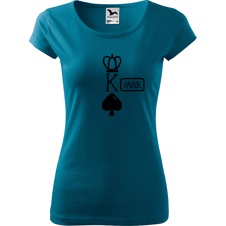 Ručně malované dámské bavlněné tričko - King - Ing. Barva trička: PETROLEJOVÁ, Velikost trička: M, Barva motivu: ČERNÁ