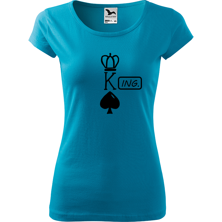 Ručně malované dámské bavlněné tričko - King - Ing. Barva trička: TYRKYSOVÁ, Velikost trička: M, Barva motivu: ČERNÁ