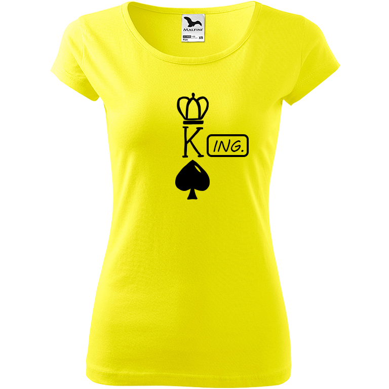 Ručně malované dámské bavlněné tričko - King - Ing. Barva trička: CITRONOVÁ, Velikost trička: M, Barva motivu: ČERNÁ