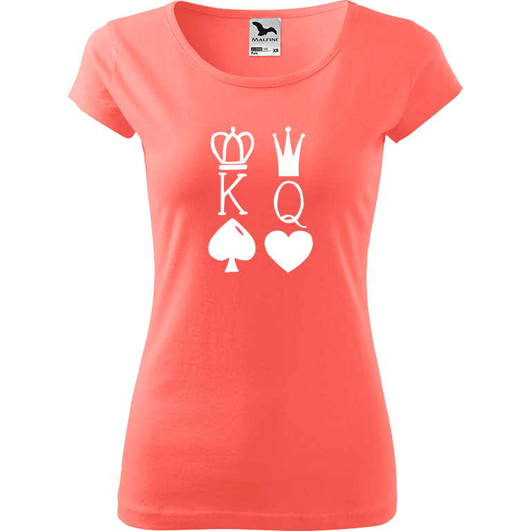 Ručně malované dámské bavlněné tričko - King & Queen Barva trička: KORÁLOVÁ, Velikost trička: M, Barva motivu: BÍLÁ