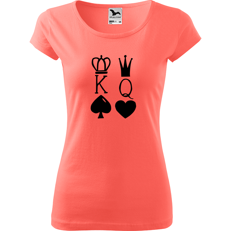 Ručně malované dámské bavlněné tričko - King & Queen Barva trička: KORÁLOVÁ, Velikost trička: S, Barva motivu: ČERNÁ