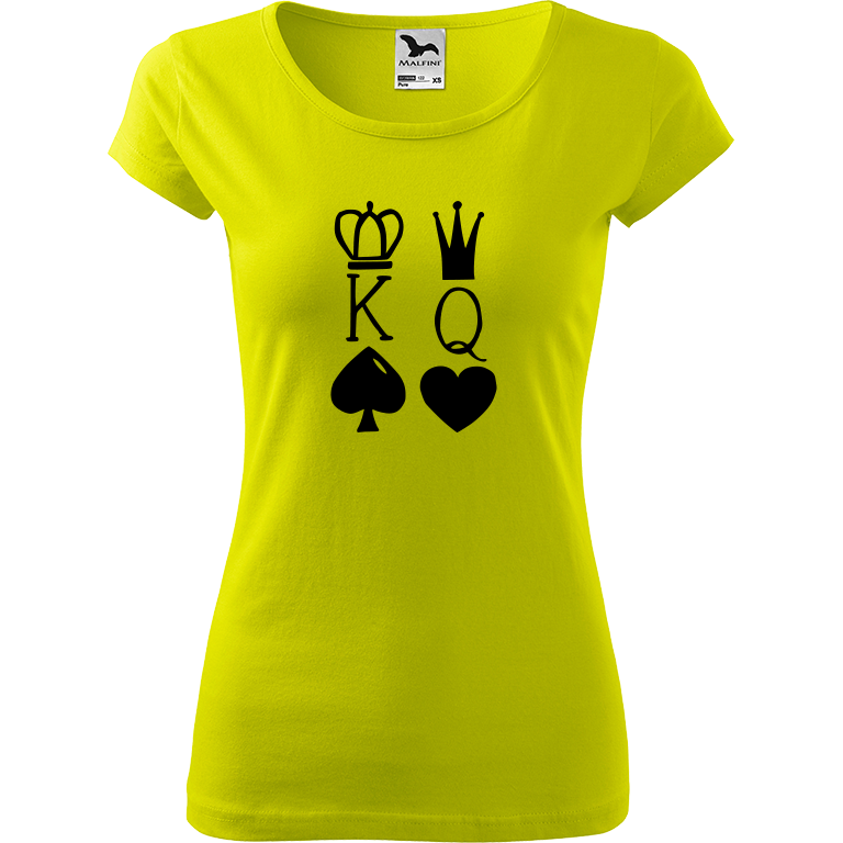 Ručně malované dámské bavlněné tričko - King & Queen Barva trička: LIMETKOVÁ, Velikost trička: L, Barva motivu: ČERNÁ
