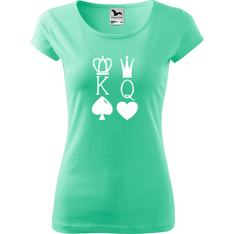 Ručně malované dámské bavlněné tričko - King & Queen Barva trička: MÁTOVÁ, Velikost trička: L, Barva motivu: BÍLÁ
