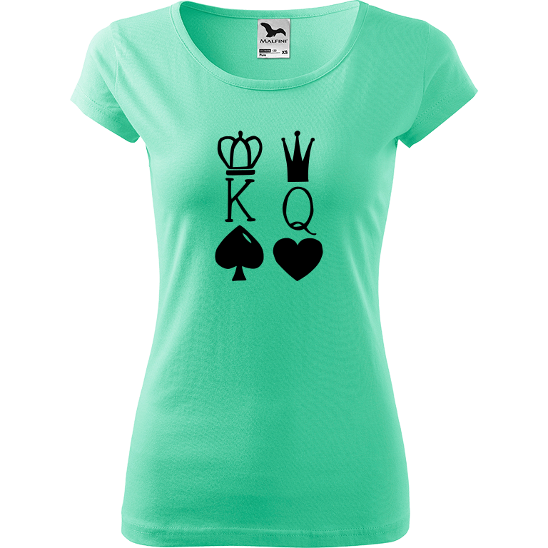 Ručně malované dámské bavlněné tričko - King & Queen Barva trička: MÁTOVÁ, Velikost trička: L, Barva motivu: ČERNÁ