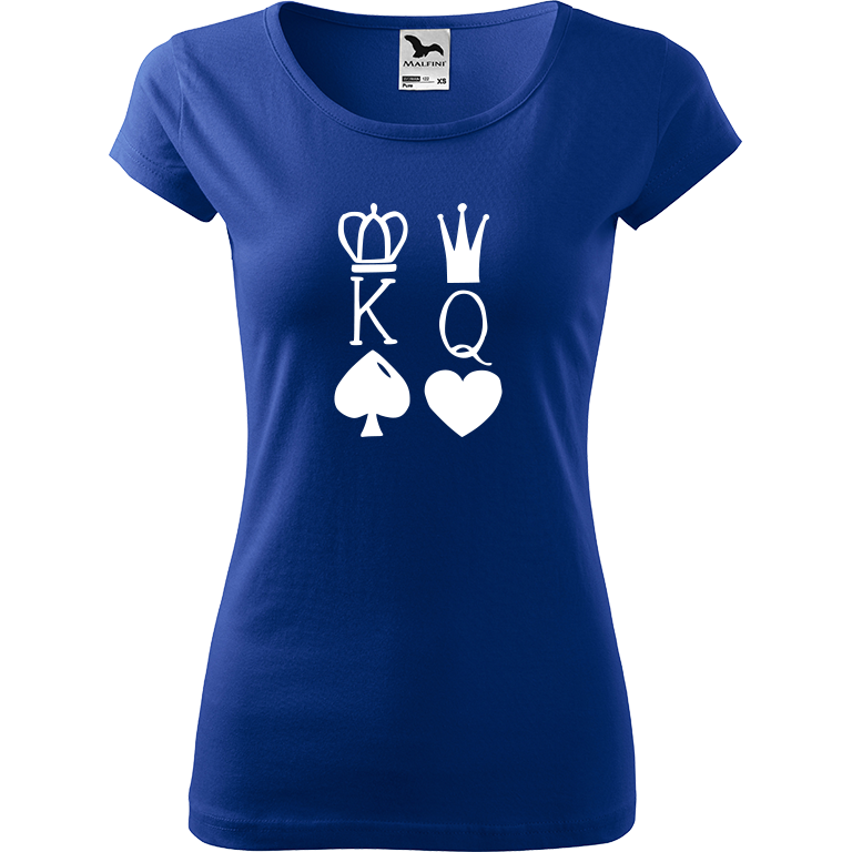 Ručně malované dámské bavlněné tričko - King & Queen Barva trička: MODRÁ, Velikost trička: XS, Barva motivu: BÍLÁ
