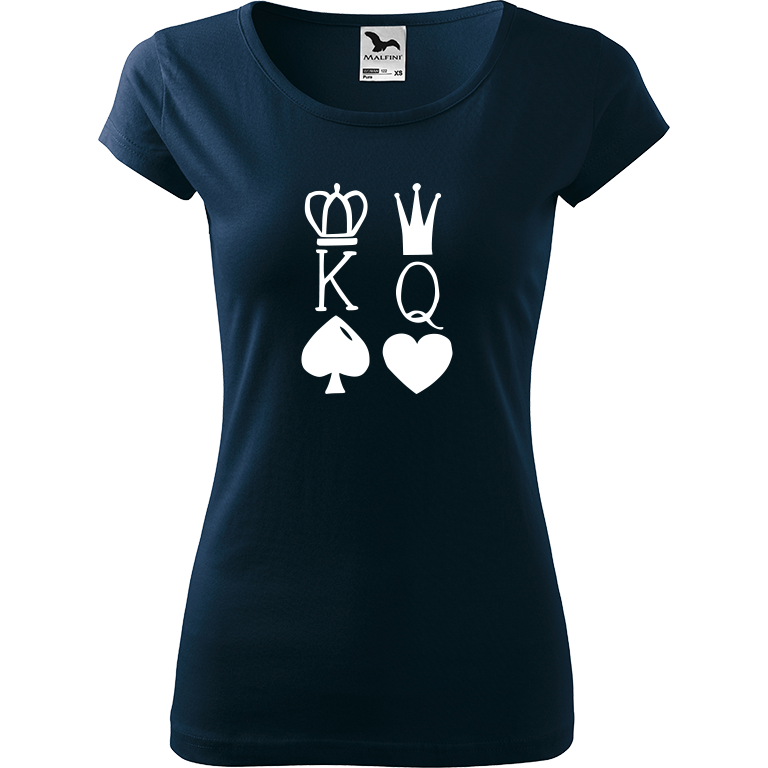Ručně malované dámské bavlněné tričko - King & Queen Barva trička: NÁMOŘNICKÁ MODRÁ, Velikost trička: XS, Barva motivu: BÍLÁ