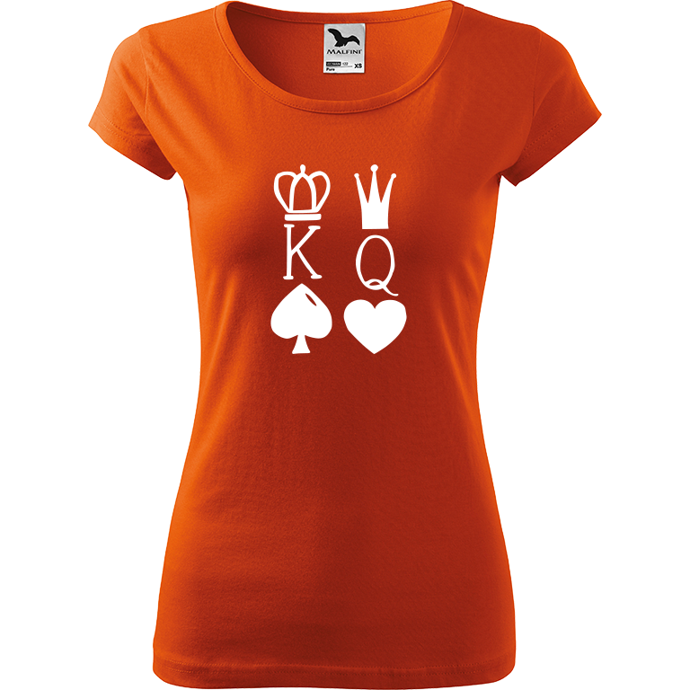 Ručně malované dámské bavlněné tričko - King & Queen Barva trička: ORANŽOVÁ, Velikost trička: XS, Barva motivu: BÍLÁ