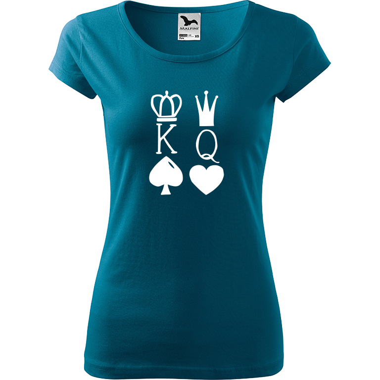 Ručně malované dámské bavlněné tričko - King & Queen Barva trička: PETROLEJOVÁ, Velikost trička: M, Barva motivu: BÍLÁ