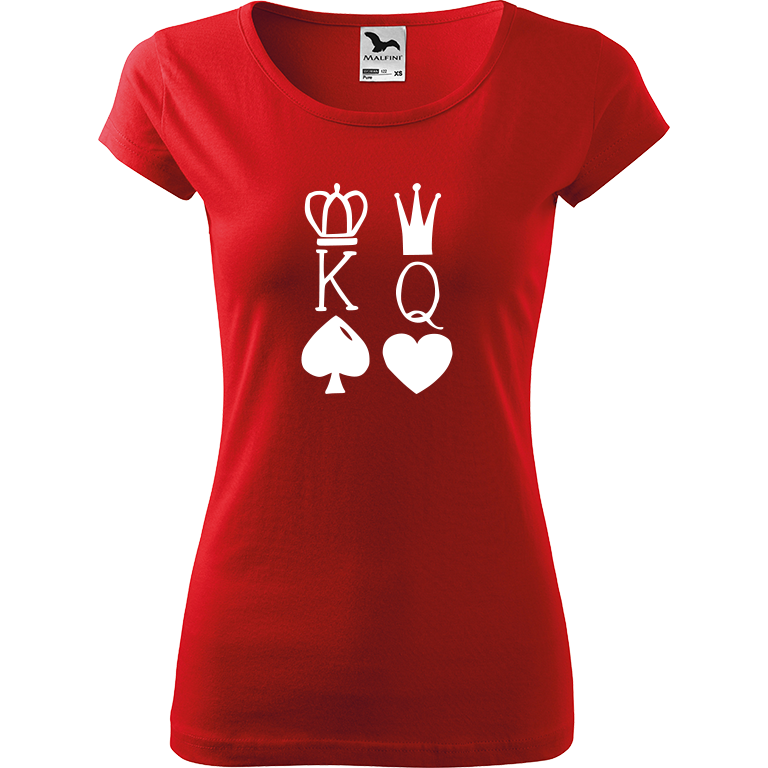 Ručně malované dámské bavlněné tričko - King & Queen Barva trička: ČERVENÁ, Velikost trička: XXL, Barva motivu: BÍLÁ