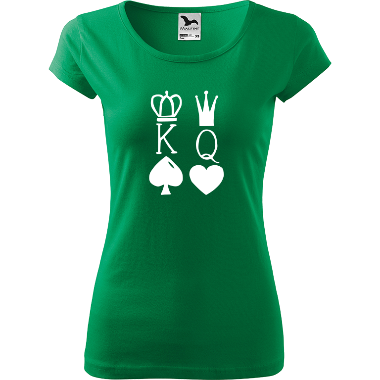 Ručně malované dámské bavlněné tričko - King & Queen Barva trička: STŘEDNĚ ZELENÁ, Velikost trička: XXL, Barva motivu: BÍLÁ