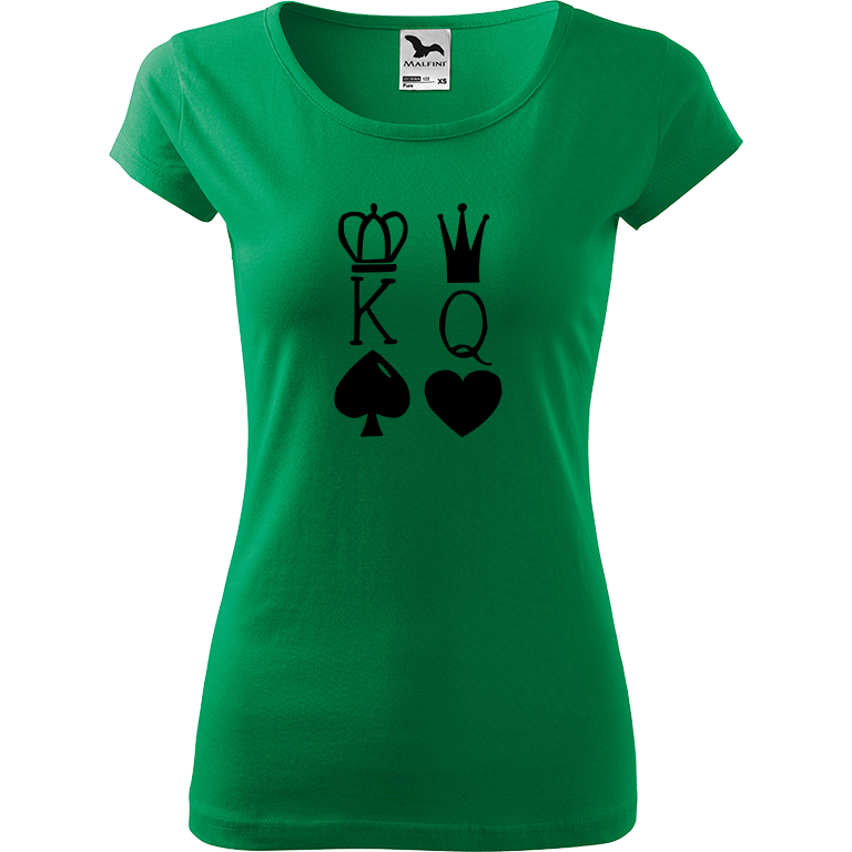 Ručně malované dámské bavlněné tričko - King & Queen Barva trička: STŘEDNĚ ZELENÁ, Velikost trička: XL, Barva motivu: ČERNÁ