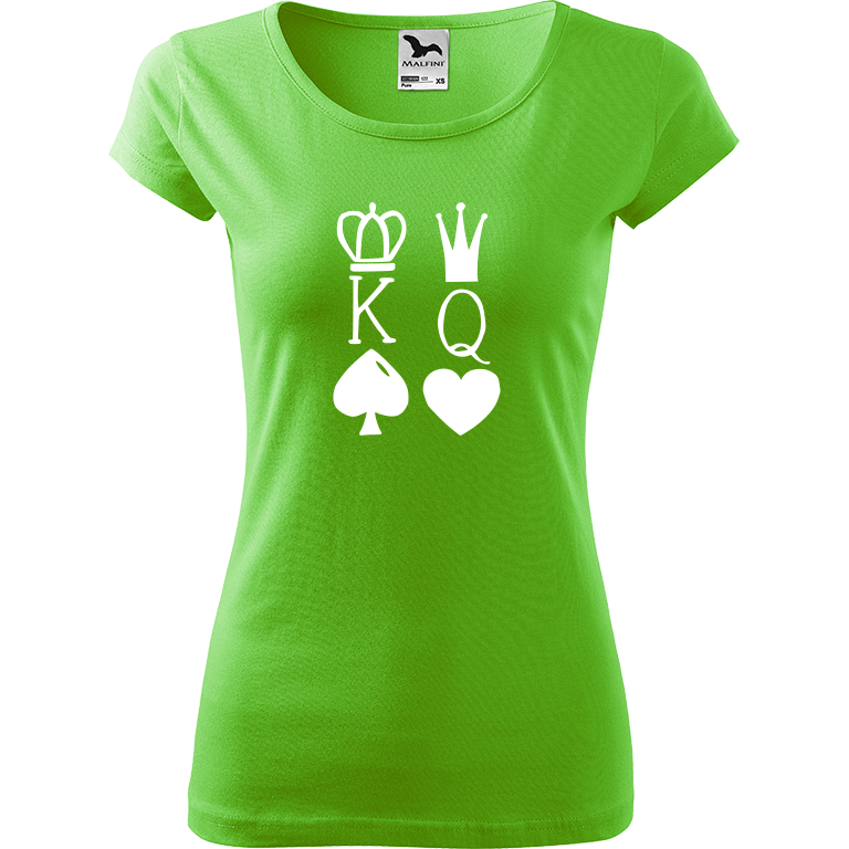 Ručně malované dámské bavlněné tričko - King & Queen Barva trička: SVĚTLE ZELENÁ, Velikost trička: XL, Barva motivu: BÍLÁ